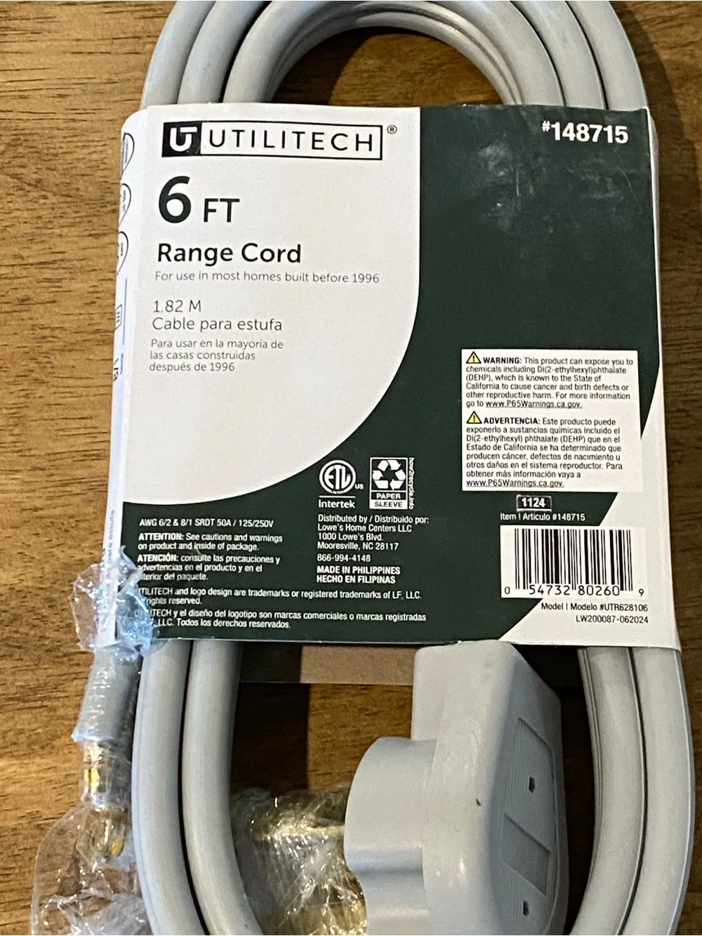 6 ft Gray Appliance Range Cord - 50 amp